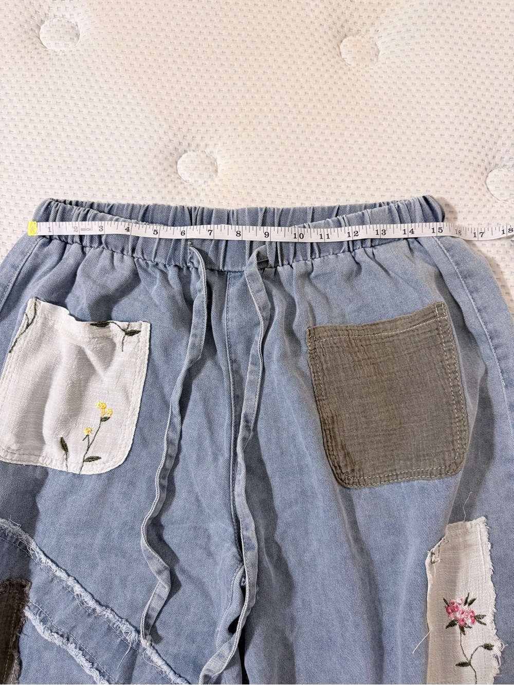 POL Denim Wide-Leg Patchwork Joggers with Olive & Cream Patches - Picture 5 of 7